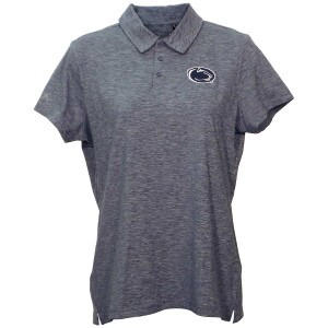 women's navy heather 3 button polo with stitched Penn State Athletic Logo